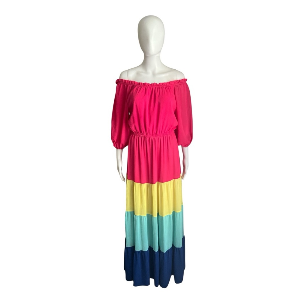 A. Calin by flying tomato Colorful Off-Shoulder Maxi Dress Size S